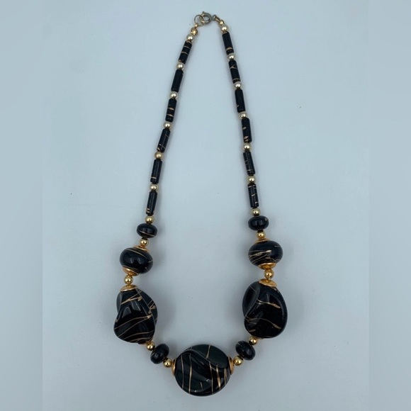 Vintage Jet Black Lucite Gold Color Drizzle Beaded Necklace Chunky Retro Jewelry - Picture 2 of 4